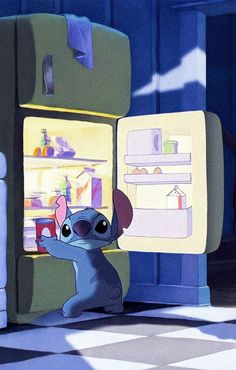 the stitchy mouse stands in front of an open refrigerator