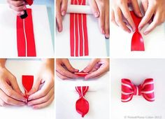 how to make a ribbon bow out of strips of red paper with scissors and glue