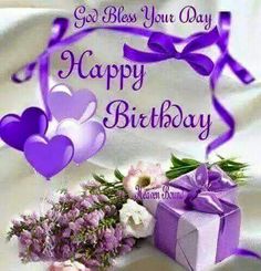 a purple birthday card with flowers and hearts on it that says, god bless you day happy birthday