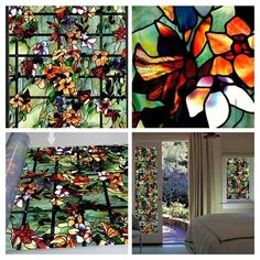 four different stained glass windows with flowers on them