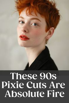 Red-haired woman with a 90s pixie haircut, freckles, and subtle makeup, exemplifying a retro hairstyle trend. Oc Hairstyles, Girls Pixie Cut, Edgy Vibes, 90s Teen