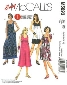 three women's dresses and one woman's dress are shown in this sewing pattern