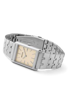 A rectangular case with angular edges complements the clean stick indexes of this vintage-inspired watch secured by brushed, interlocked bracelet links. 26mm case; 7mm case depth Adjustable bracelet; links can be removed at your local Nordstrom.  Deployant clasp closure Quartz movement Mineral crystal face Stainless steel or stainless steel with 18k-gold plate Imported Rectangle Bracelet Watch, Michel Herbelin Art Deco, Metal Watch, Vintage Timepiece, Square Watch, Minerals Crystals, Adjustable Bracelet, Silver Watch, Quartz Movement