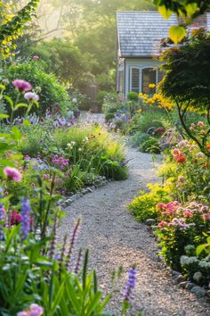 a garden with lots of colorful flowers and plants in the foreground, on a sunny day