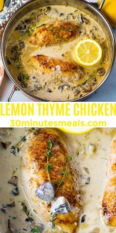 lemon thyme chicken with mushrooms and herbs in a pan