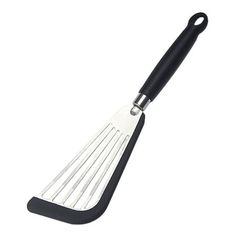 a black and white spatula with four metal handles on the handle, set against a white background