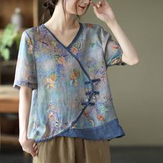 Women Ramie Stitching Printed T-Shirt - Luckyback Mode Tips, Plus Size Vintage, Couture Vintage, Linen Maxi Dress, Maxi Robes, Grey Prints, Moda Vintage, 여자 패션, Top Fabric