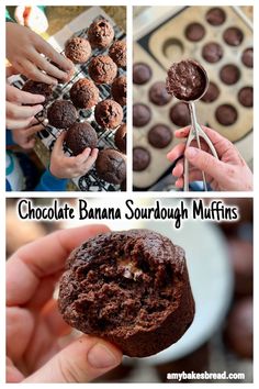 chocolate banana sourdough muffins are being held up