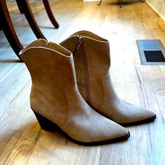 Nwt Tan Suede Pointed Toe Booties/Boots. Size 8. Gorgeous Boots. Dress Up An Outfit. Wear As Cowboy Boots. Very Versatile. Western Ankle Booties For Winter, Western Ankle-high Winter Booties, Beige Ankle Moto Boots For Fall, High-top Boots For Fall In Medium Width, Fall High-top Boots Medium Width, Fall Suede High-top Booties, Fall High-top Suede Booties, Grey Block Heels, Gorgeous Boots