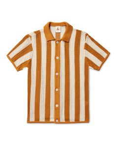 The Dominica Crochet Shirt lends elegance of form to any solar-seeking wardrobe on the fly, domestic or otherwise. Made from soft and breathable cotton crochet, this premium button up exceeds the mark for comfort, while adhering to a dapper outline that adjusts to the individual. The fiery sienna stripes add a pop of c Collared Cotton Top With Pointelle Knit, Summer Knit Collared Shirt, Summer Collared Knit Shirt, Summer Collared Pointelle Knit Tops, Casual Summer Crochet Top With Buttons, Collared Pointelle Knit Tops For Summer, Retro Fitted Crochet Top, Relaxed Fit Cotton Open Knit Top, Relaxed Fit Open Knit Cotton Top