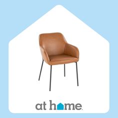 a brown leather chair sitting on top of a blue and white background with the words at home above it