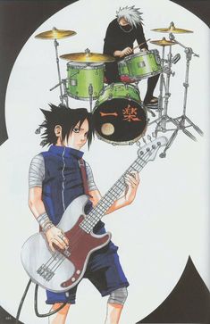 an anime character holding a guitar and drums