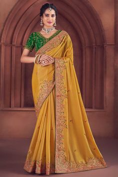 Yellow Color Embroidered Work Brilliant Organza Saree