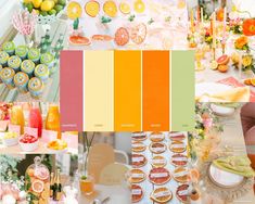 an assortment of food and drink items displayed on a table with oranges, lemons, and other foods