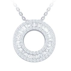 Baguette diamonds are arranged in a circle to form this stunning necklace. Crafted in 14k white gold this necklace shimmers with 1.05ctw. Diamond Necklace With Baguette Diamonds In Round Pendant, Baguette Diamond Round Pendant Necklace, Baguette Diamond Necklace With Round Pendant, Silver Diamond Necklace With Round Baguette Diamonds, Diamond White Necklace With Baguette Diamonds, White Gold Round Diamond Necklace With Baguette Diamonds, Fine Jewelry Round Diamond Necklace With Baguette Diamonds, Silver Baguette Diamond Round Necklace, Fine Jewelry Diamond Necklace With Baguette Diamonds