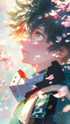 an anime character with green eyes and black hair is surrounded by petals in the air