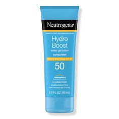 Hydro Boost Water Gel Lotion Sunscreen SPF 50 - HYDRO BOOST SUNSCREEN SPF 50 3.0OZBenefitsMoisturizing daily sunscreen lotion provides broad spectrum UVA/UVB protectionNon-greasy face and body sunscreen quenches skin with vital hydrationNeutrogena Hydro Boost water gel formula moisturizes without a greasy feelSPF 50 moisturizing lotion formula hydrates for up to 8 hoursWon't leave behind white residue or streaks & layers invisibly under makeupDaily sunscreen features an oil-free and non-comedoge Best Drugstore Sunscreen, Neutrogena Hydro Boost Water Gel, Neutrogena Sunscreen, Hydro Boost Water Gel, Cleanser Brush, Gel Sunscreen, Homemade Moisturizer, Hydro Boost, Daily Sunscreen