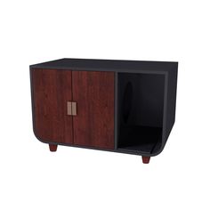 a black and brown cabinet with two doors on each side, one door open to reveal the