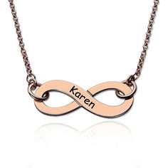 Engraved Rose Gold Plated Infinity Name Necklace Infinity Jewelry Personalized Infinity Rose Gold Jewelry, Personalized Rose Gold Infinity Jewelry, Valentine's Day Rose Gold Infinity Necklace, Rose Gold Name Necklace In Metal, Rose Gold Metal Necklace With Name Detail, Personalized Infinity Metal Jewelry, Infinity Metal Necklace For Gifts, Infinity Metal Necklace For Gift, Personalized Rose Gold Metal Necklace