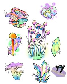 an assortment of colorful mushrooms and crystals on a white background