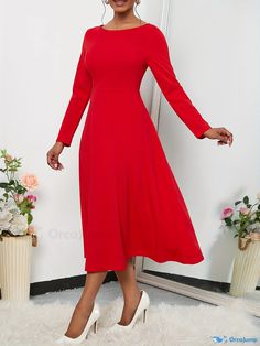 Orcajump - Solid Daily Midi Dress, Elegant Crew Neck Long Sleeve Dress, Women's Clothing Elegant Plain A-line Maxi Dress, Plain Long Sleeve Party Dresses, Elegant Non-stretch Red Midi Dress, Non-stretch Sheath Dresses, Solid Sheath Non-stretch Dress, Solid Non-stretch Sheath Dress, Elegant A-line Plain Maxi Dress, Long Sleeve Midi Dress, Fit And Flare, Fit And Flare Midi Dress With Long Sleeves