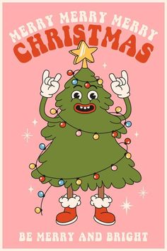 a christmas card with a cartoon tree on it's face and the words merry, merry