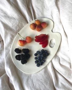 a white plate topped with fruit on top of a bed