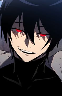 an anime character with red eyes and black hair