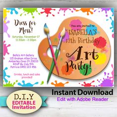 an art party with paint and brushes on the front, and text that reads diy birthday