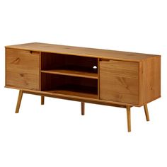 the sideboard is made out of wood and has two open compartments on one side