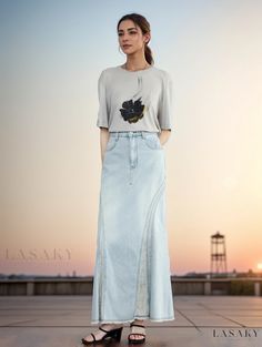 Lasaky - Premium High-Waisted Frayed Hem Mermaid Maxi Denim Skirt Light Wash Long Denim Skirt For Summer, Summer Light Wash Long Denim Skirt, Summer Long Denim Skirt In Light Wash, High Waist Light Wash Stretch Skirt, High Waist Stretch Light Wash Skirt, High Waist Stretch Skirt In Light Wash, Wide Leg Light Wash Skirt For Summer, Light Wash Long Denim Skirt For Spring, Full-length Light Wash Skirt For Spring