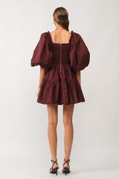 SMOCKED MINI DRESS WITH PUFFED SLEEVES - Hand wash cold - Do not bleach - Line dry - Iron low if needed - Do not tumble dry Model is 5'11" and is wearing a size small Romper Fall, Dress With Puffed Sleeves, Smocked Mini Dress, White Chic, Puffed Sleeves, Gold Zipper, Merlot, Dress Accessories, Puff Sleeves