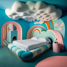 a bedroom with blue walls and clouds painted on the ceiling, along with a bed that is shaped like a rainbow