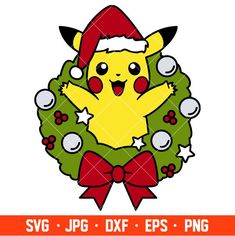 a christmas wreath with pikachu wearing a santa hat and holding his arms up