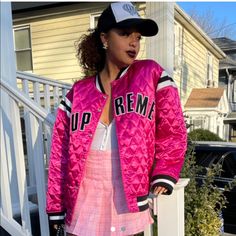 Pink Supreme Ss17 Quilted Satin Varsity Jacket So So So Cute And In Perfect Condition #Hype #Street #Wear Nike Supreme Stussy Bape Off-White Kith Sporty Spring Varsity Jacket With Patchwork, Sporty Patchwork Varsity Jacket For Spring, Trendy College Track Jacket For Spring, Trendy Spring Track Jacket For College, Spring Windbreaker With Patchwork, Trendy Spring Outerwear For College, Trendy Fitted Varsity Jacket For Spring, Fitted Varsity Outerwear For Spring, Spring College Fitted Varsity Jacket