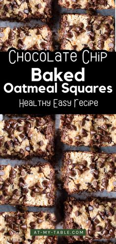 Banana-free chocolate chip baked oatmeal squares on a wooden surface, an ideal gluten-free breakfast recipe.