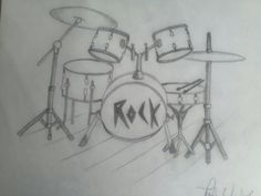 a pencil drawing of a drum set with the letters k and m on each side