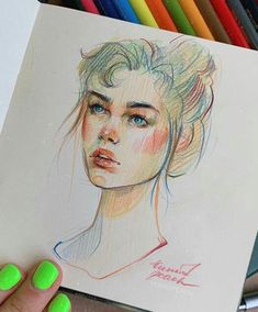 a drawing of a woman's face in colored pencils