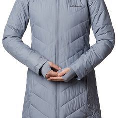 Winter nights spent skating at the rink or wandering between shops downtown call for the Columbia Women's Heavenly Long Hooded Jacket. With a cut the provides added coverage and a cozy synthetic fill that delivers water-resistant warmth, this cute and cuddly winter coat will keep you out and about through the coldest months of the year. Winter Sports Long Sleeve Outerwear With Zipper Closure, Winter Sports Nylon Outerwear, Nylon Outerwear For Winter Sports, Nylon Hooded Jacket For Winter Sports, Fitted Parka For Winter Outdoor Activities, Fitted Parka For Outdoor Winter Activities, Fitted Parka For Winter Outdoors, Fitted Puffer Jacket For Outdoor Activities In Fall, Long Sleeve Outerwear For Snow In Fall