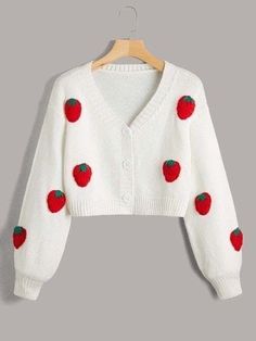 Strawberry Cardigan, Cute Dress Outfits, Tween Outfits, Sweater White, Bishop Sleeve, Heart Pattern, Really Cute Outfits, Girls Fashion Clothes