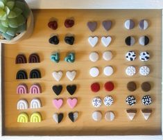 a wooden board with many different types of earrings on it and a succulent plant next to it