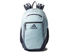 the adidas backpack is light blue and black