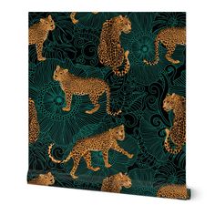 a blue and gold wallpaper with leopards on it