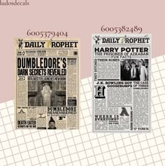 two newspapers with the same image on them, one is for harry potter and the other is for dumbledore's dark secrets revealed