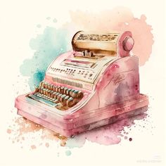 an old fashioned pink typewriter sitting on top of a table next to watercolor stains