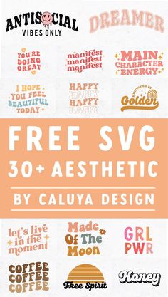 an advertisement for free svg and aesthetic by caluya design, featuring coffee cups