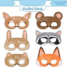 woodland animal masks with the words woodland animals on them and an image of a cat, fox