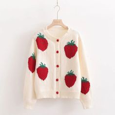 Cozy Strawberry Pattern Knit Button-Front Cardigan Strawberry Knit, Cozy Wardrobe, Knee High Boots Flat, Strawberry Pattern, Lace Leggings, Solid Leggings, Button Front Cardigan, Red Strawberry, Cream Background