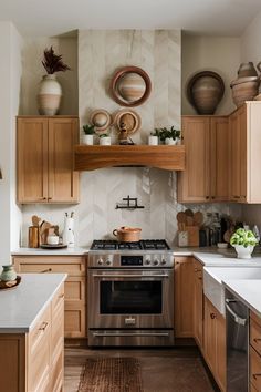 a kitchen with wooden cabinets and white counter tops