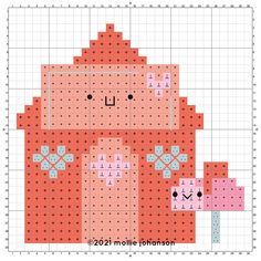 a cross stitch pattern with an image of a pink house and two smaller houses on it